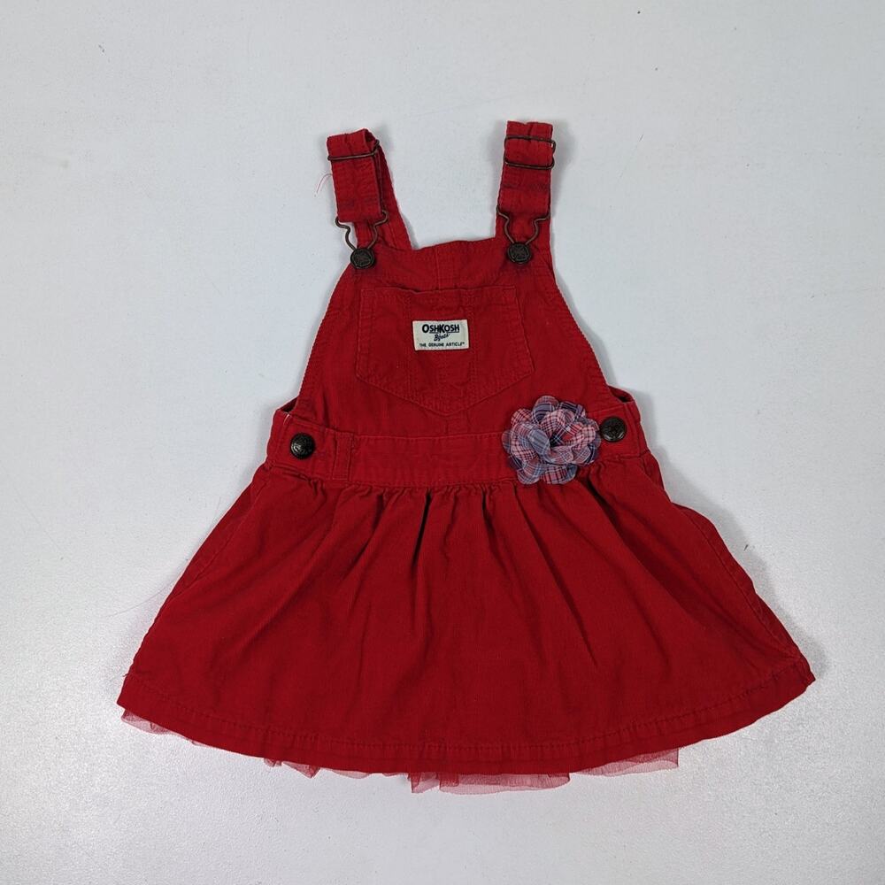 Oshkosh Bgosh Skirtall Girls Size 2T Red Corduroy Flower Tulle Overalls Dress